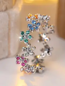 Adjustable  Ring with Rainbow Color Zirconia Flowers, Elegant Striped Design, High Polish Anti-Oxidation Layer