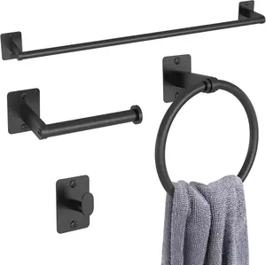 Matte Black Bathroom Accessories Set, KLJKPA 4 Pieces Bathroom Hardware Set, 24 inch Towel Bar, Towel Racks for Bathroom, Robe Towel Hooks, Toilet Paper Holder Wall Mounted