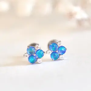 18G/16G Titanium Australian Opal Floral Stud Earring/Conch/Tragus/Helix/Cartilage/Internally Threaded • Flat Back Earring • Screw Back Studs