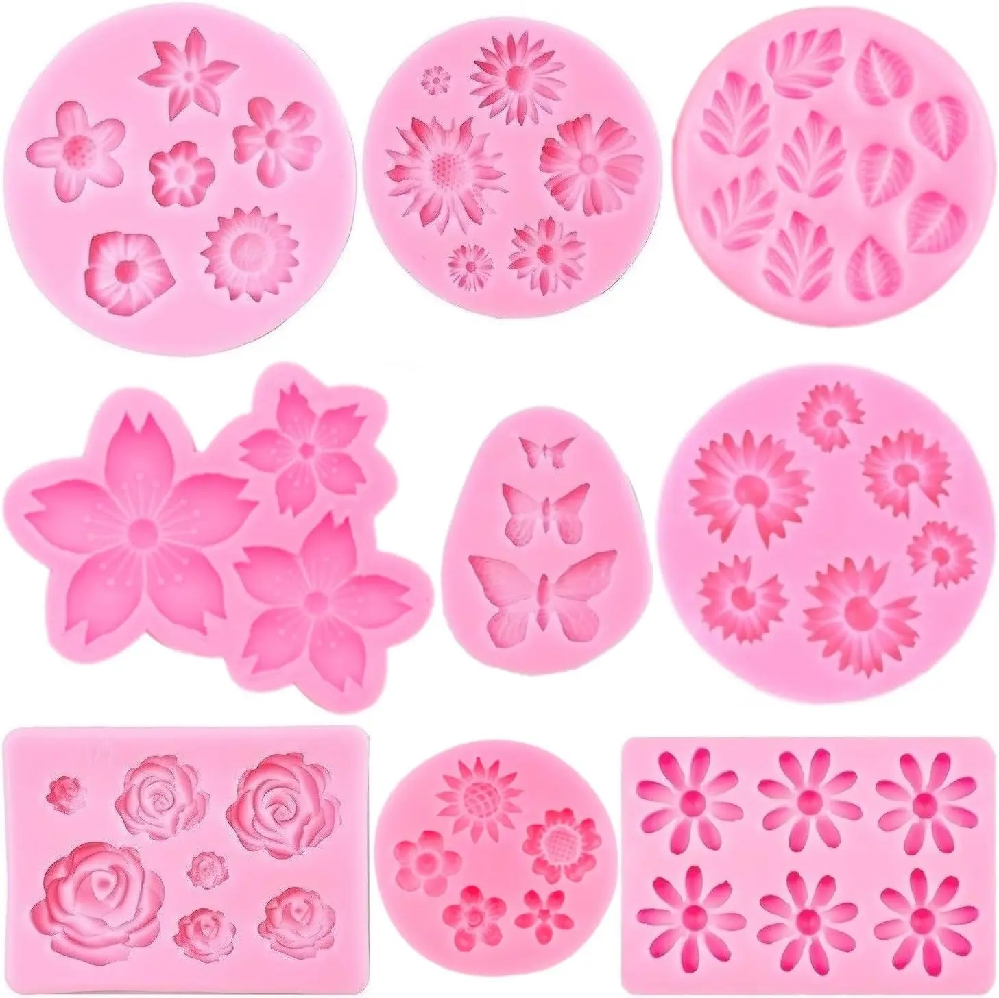 Flower Silicone Molds,9pcs Rose Leaf Daisy Sunflower Chrysanthemum Small Flowers Fondant Molds Polymer Clay Mould Candy Chocolate Molds for Cupcake Cake Pop Puck Decoration DIY Crafts