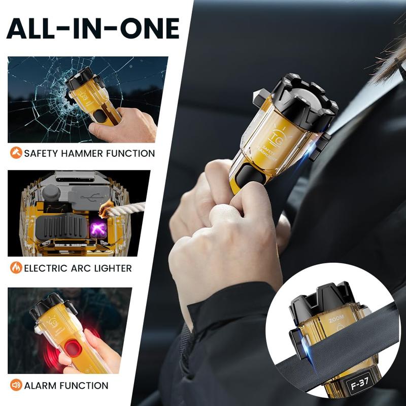 TikTokShopBlackFriday 10-in-1 Multi-Function Rechargeable Flashlight - High Lumen LED Long Throw Beam, Emergency Hammer with Window Breaker for Car, Home, Outdoor Survival and Personal Safety - Portable Emergency Rescue Light