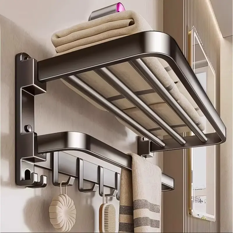MEIDOO Modern Space Aluminum Wall-Mounted Towel Rack - 50-60cm Thick Grey/Black Metallic/Steel Bath Towel Holder, Easy-to-Install Over-the-Toilet Bathroom Organizer for Bathroom Organization, Metallic Towel Racks