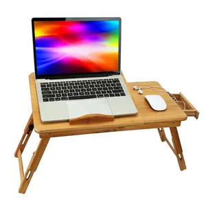 Fresh Fab Finds Bamboo Lap Desk with Foldable Legs & Adjustable Tilt Surface Multi-Position with Side Storage Drawer for Work Study 49.2x30x43cm Eco-Friendly Laptop Desk Breakfast Tray