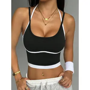 Sexy color-blocked spaghetti-strap tank top, slim-fit backless crop top, women’s fashionable sporty style, perfect for layering, fitness top GARMENTARY