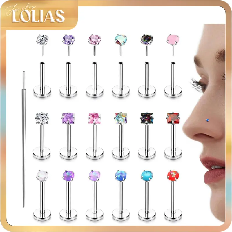LOLIAS 18PCS Unisex Threadless Nose Studs - 20G-18G-16G Hypoallergenic Surgical Stainless Steel, CZ Zirconia Opal Push-In Flat-Back Body Jewelry, Highly Polished for a Smooth Finish, Nose Piercing Jewelry for Daily Wear, Showering