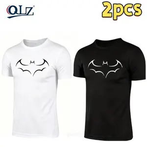 Cotton 2pcs large size mens loose t shirt fashion bat print mens short sleeve t shirt summer new mens casual t shirt black -1 t shirt