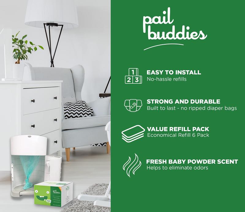Pail Buddies Diaper Pail Refills | 6 Count Value Pack Holds 3,600 Diapers | Compatible with Dekor Plus Diaper Pail | Strong, Durable Refill Bags with Odor Eliminating Fresh Baby Powder Scent