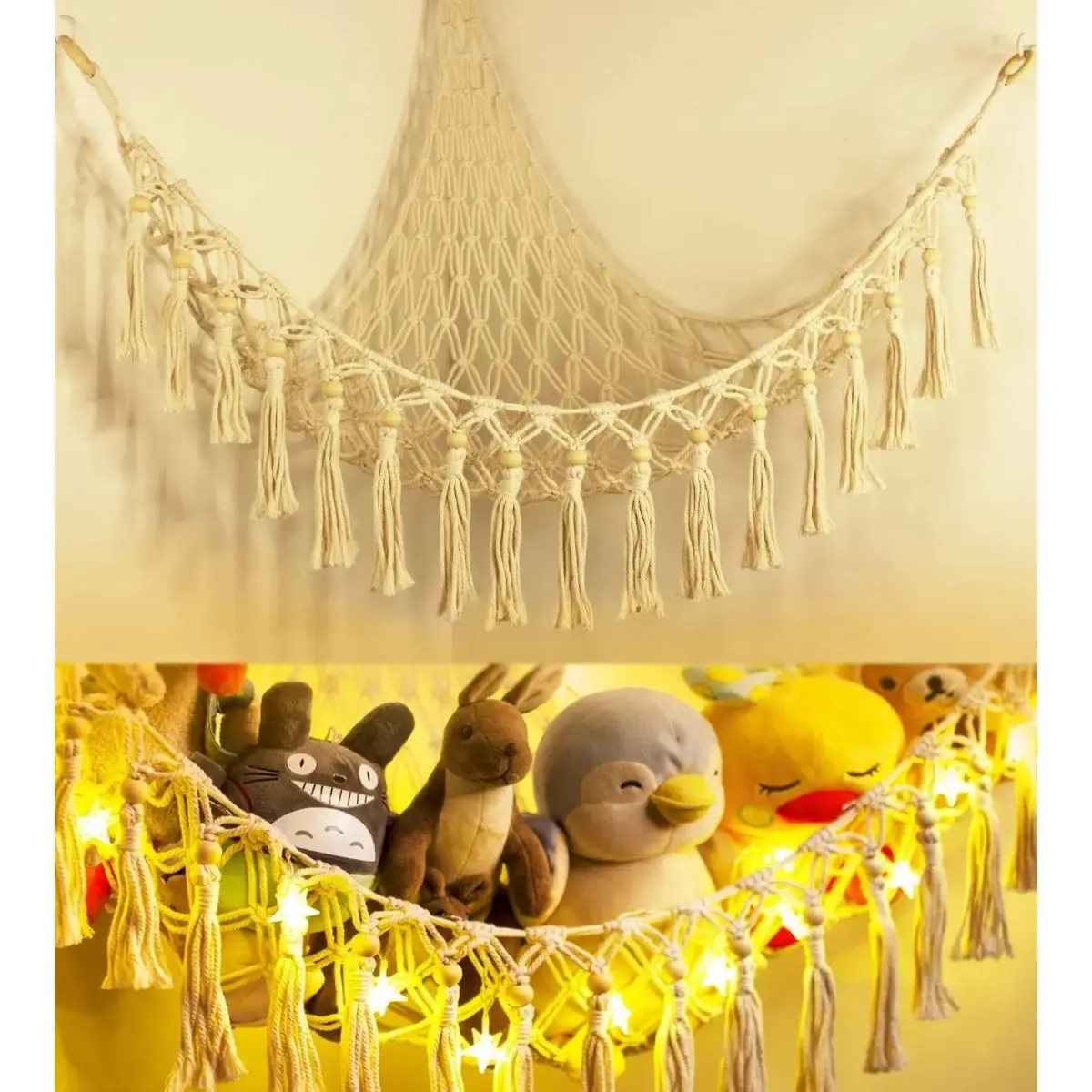 Jumbo Macrame Stuffed Animal Storage Hammock with LED Light - Mountable Boho Plushie Organizer, Nursery Bedroom Wall Decor, Home Organizer Storage Solution, Mount