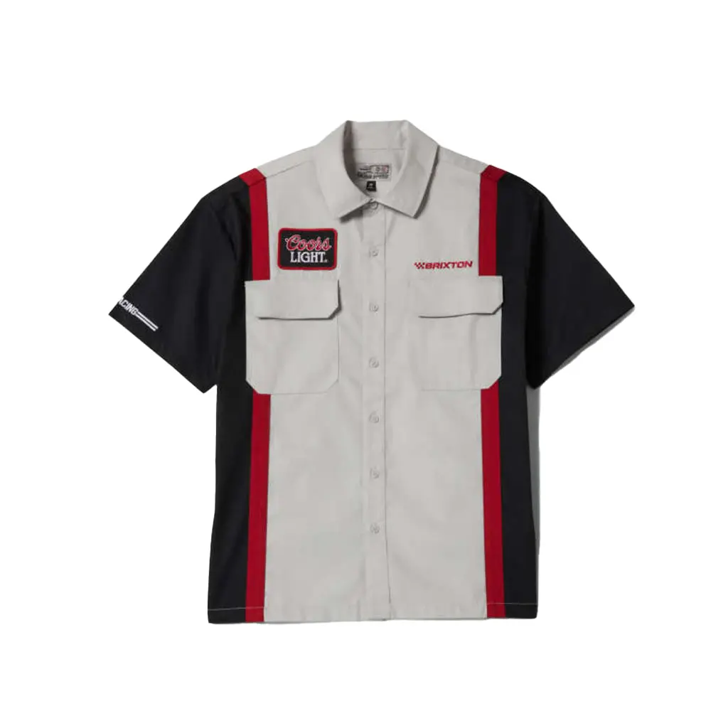 Brixton Coors Light Shake Down Men's Shirt - Casual Short Sleeve Graphic Print Button-Up, Silver/Black, Menswear, Casual Wear
