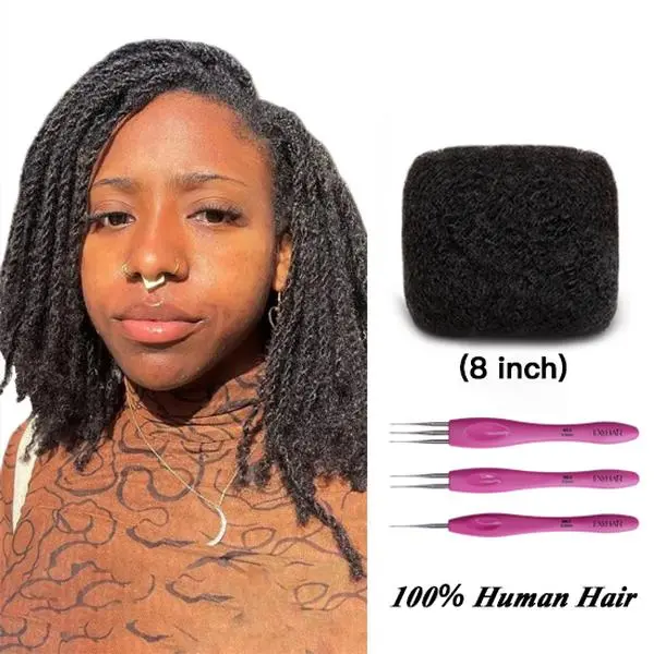 Exyhair 8 inch Afro Kinky Bulk Human Hair Extensions - Afro Curly Braided, Coily for Dreadlocks Twisting & Braiding, with Crochet Hooks