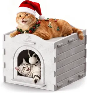 Apasiri Cat House for Indoor Cats Enclosed Cat Bed Cave with Hanging Teaser Ball Toy Cats Cube Holds 40lbs Durable Felt Cat Scratch House Wooden Kennel