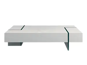212 MAIN 53 in. Rectangular White Wood-Glass Sled Coffee Table, Ideal for Contemporary Home Decor, Modern Center Table, Rectangular Coffee Tables