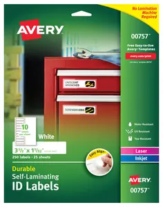 Avery 00757 Easy Align Self-Laminating ID Labels, Laser/Inkjet, 1 1/32 x 3 1/2, White (Pack of 250)