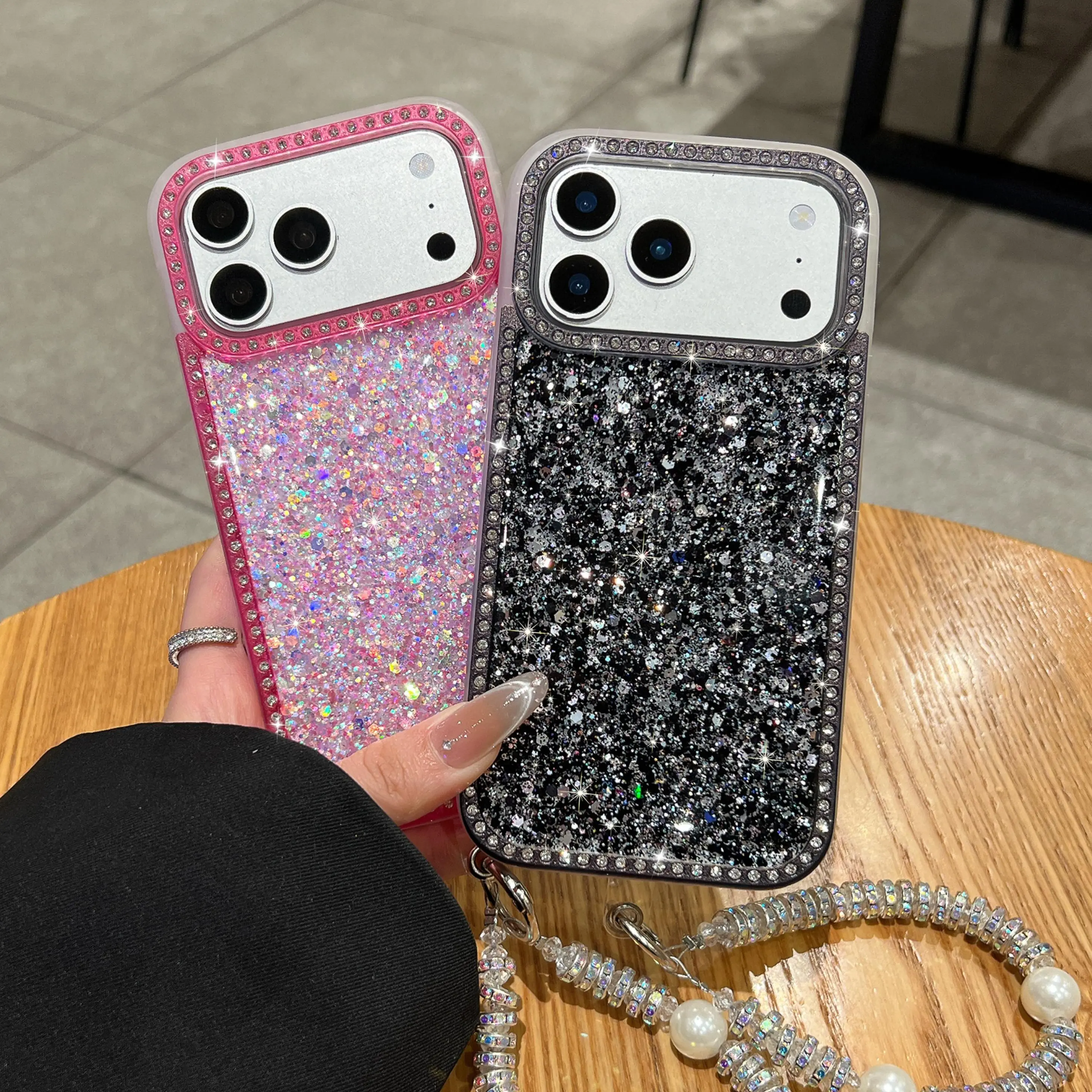 DIY Crystal-studded Glitter Resin Phone Case for iPhone 17Pro Max Air 16Plus 15 14 13 12 11 cases, Double-sided Diamond-Set 3-in-1, Glitter Resin, Shockproof Drop, Drop protection, Designed For Women.LL08