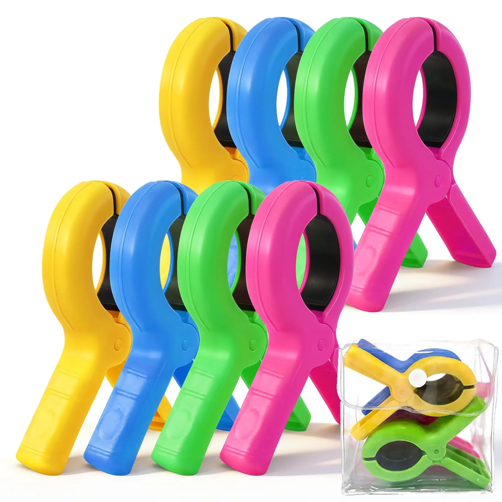 8counts Large Beach Towel Clips, Heavy-Duty Clothes Pins, Windproof, 4 Bright Colors, Ideal for Beach Pool Cruise Chairs
