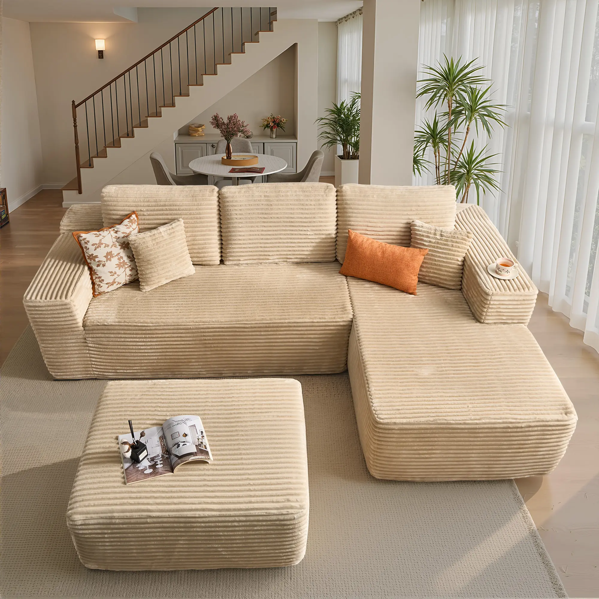 Beige Plush Corduroy Right Chaise