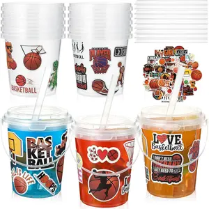 12 Sets 34 oz Basketball Plastic Drink Buckets with Lid and Straws with Basketball Stickers Clear Drink Cup Disposable  Rum Buckets  for  Party Favors Prize