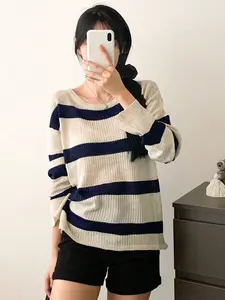 Women's Ivory Stripe Round Neck Long Sleeve Sweater, Casual Autumn & Spring Knit Pullover, Stylish Lightweight Jumpers for Everyday Wear