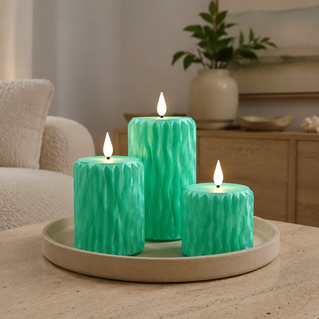 3-Piece Green Flameless LED Pillar Candles with Remote, 2/4/6/8H Timer, Dimmable Flickering 3D Flame, Battery Operated Decorative Candle Set for Home, Wedding & Holiday Decor