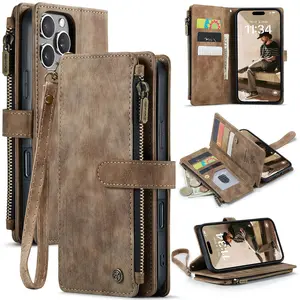 Magnetic Retro High Grade Leather Zipper Multi Card Wallet Phone Case Cover, 1 Count Dropproof Shockproof Phone Case with Handle Strap, Multifunctional Bag Protective Case for iPhone Smartphone Accessories