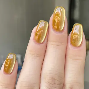 24pcs New Square Simple Luxurious Press-On False Nails, Amber Gold Cat Eye Glossy Short Nail Tips, Easy to Apply Durable Hold Long-Lasting Elegant Manicure