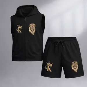 Men's King Lion Graphic Sleeveless Hoodie Shorts Set 2 Piece Outfit Crown K Lion Print Zip Up Hooded Vest Drawstring Shorts Summer Casual Gym Workout Streetwear Breathable Lightweight Athletic Lounge Set