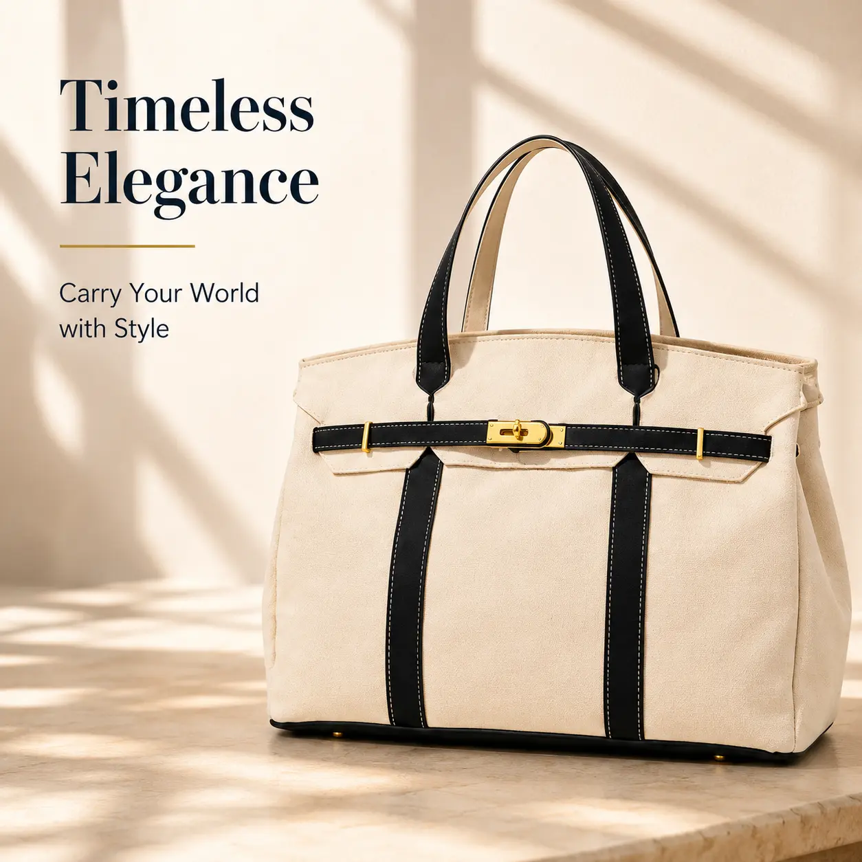 2026 New Women's Large Canvas Tote Bag, Structured Top Handle Work Carryall with Contrast Trim and Gold-Tone Buckle for Office, Travel & Everyday