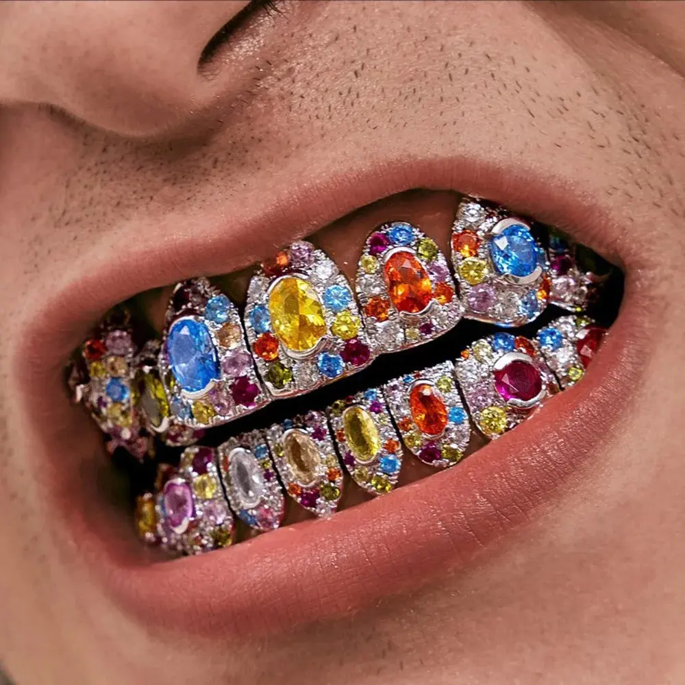Colorful Iced Out Full CZ Stone Teeth Grillz Hip Hop Shiny Colors Zircon Tooth Caps For Women Men Jewelry Christmas