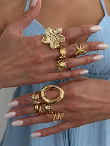 Women's Ocean-Inspired Stackable Rings Set, Unique Open-Flower Design, Minimalist Beachwear Jewelry, Sea Star & Turtle Ring Collection