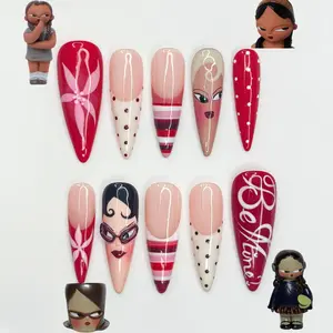 Fashion Doll Aesthetic Press On Nails | Red Vintage Girl Nails | Hand Painted Character Nails | Y2K Pop Art Nail Design