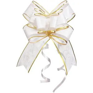 Pull Bows for Gift Wrapping, 15 PCS Large Gift Bow Bulk for Presents Package, Gift Baskets, Christmas, Wedding and Party Decor (White with Tulle & Gold line, 6 inches)
