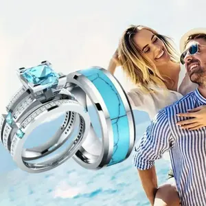 8mm CZ & Turquoise Stainless Steel Ring – Couple’s Engagement or Gift Ring