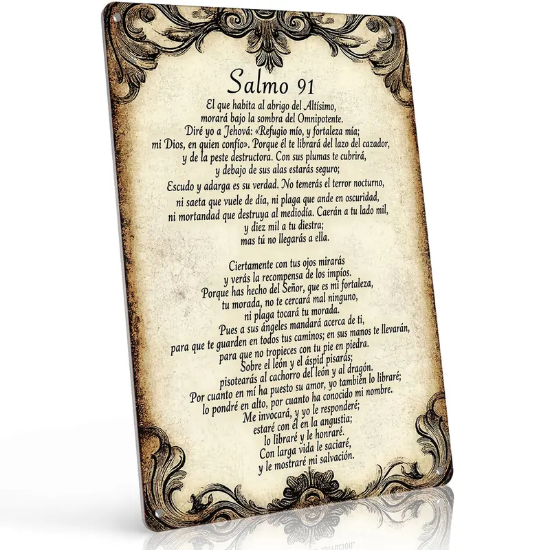 Salmo 91 Spanish Religious 12x8 Inch Aluminum Metal Sign - Inspirational Spanish Christian Wall Decor for Home, Prayer Room, Church, Spanish-Speaking Households - Retro Tin Sign Gift for Faithful Believers, Spanish Christians and Religious Home Decor Love