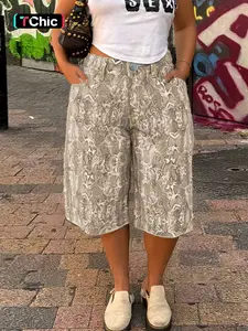 Women's Mid Rise Marble Print Denim Culottes, Loose-Baggy Relaxed Fit, Short Jean Pants for Casual, Stylish Comfortable Daily Wear