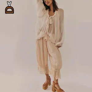 DAGF Boho Series Set Outfit Women Ruffle Long Top and Bloomers Elastic Waist Lace Patchwork Pettipants Pantaloons Cropped Slip Pants Streetwear