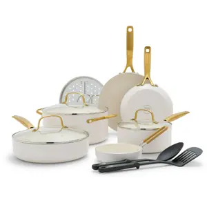 Blue Diamond White 12 Piece Nonstick Aluminum Pot and Pan Cookware Set, Gold