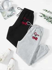 Women's Letter & Cherry Print Drawstring Waist Sweatpants, Casual Comfy Jogger Pants for Daily Wear, Ladies Bottoms for Fall & Winter, Womenswear