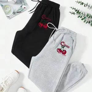 Women's Letter & Cherry Print Drawstring Waist Sweatpants, Casual Comfy Jogger Pants for Daily Wear, Ladies Bottoms for Fall & Winter