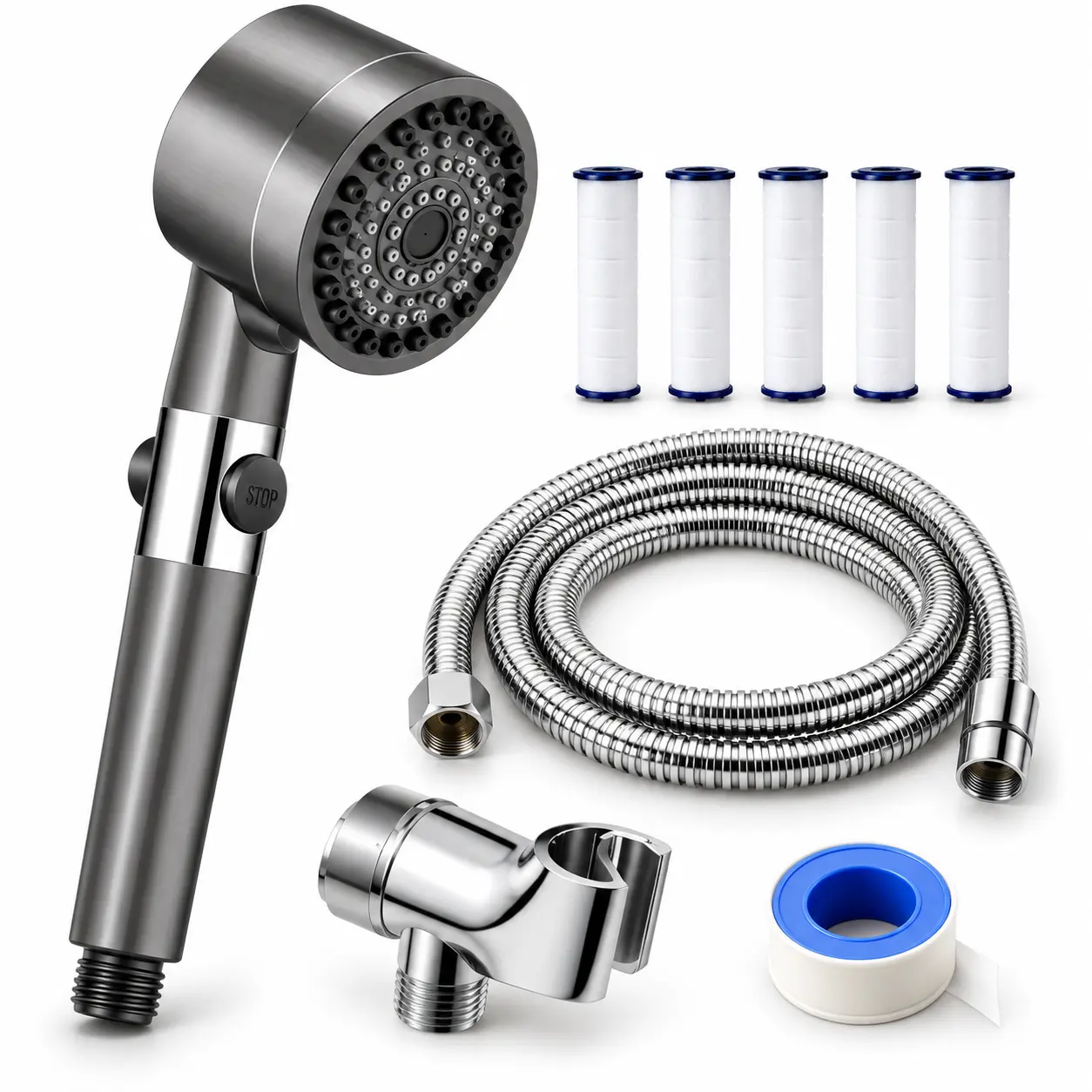 Filtered High Pressure Handheld Shower Head, Multi-Mode Showerhead with ON/OFF Switch, 5 Filters, Stainless Steel Hose & Adjustable Holder, Bathroom Shower Set