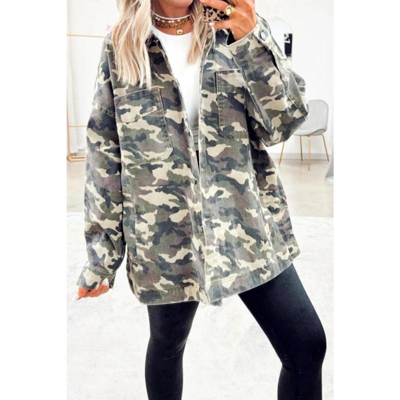 Green Camo Chest Pockets Loose Jean Jacket
