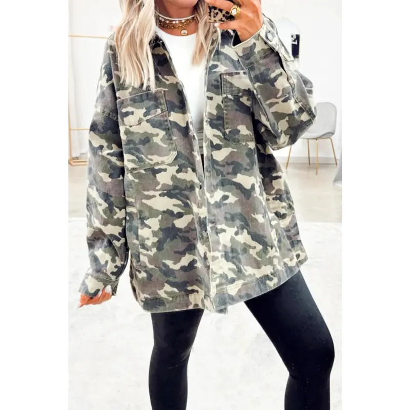 Green Camo Chest Pockets Loose Jean Jacket