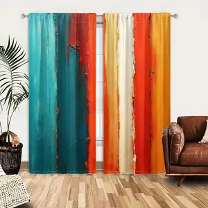2pcs Window Curtains, Abstract painting with thick, textured vertical stripes. Colors include teal, maroon, orange, cream, and golden yellow, creating a vibrant, earthy palette.Window Drapes for Bedroom Living Room, Rod Pocket Window Treatment