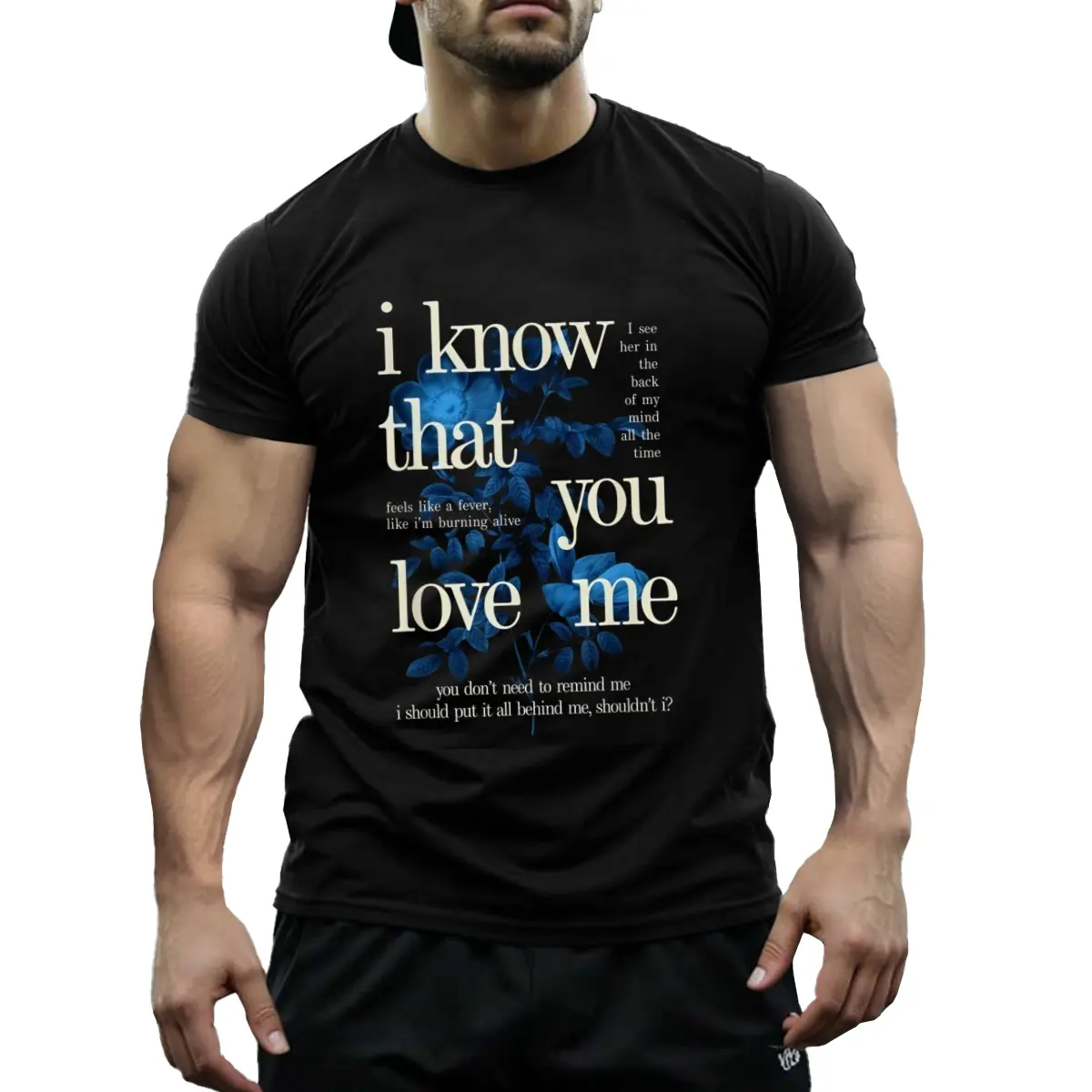 Men's "I Know That You Love Me" Graphic T-Shirt - 100% Cotton, Short-Sleeve Menswear, Casual Loose Fit, Slight Stretch Crew Neck, Billie Wildflower Artistic Knit Texture, All-Season Black Adult Top