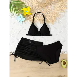 3pcs Girls Swimming Costume Bikini Set Halter Triangle Top +Printed Bottom + Cover Up Swimsuit Kids Swimwear