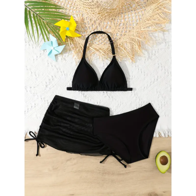 3pcs Girls Swimming Costume Bikini Set Halter Triangle Top +Printed Bottom + Cover Up Swimsuit Kids Swimwear