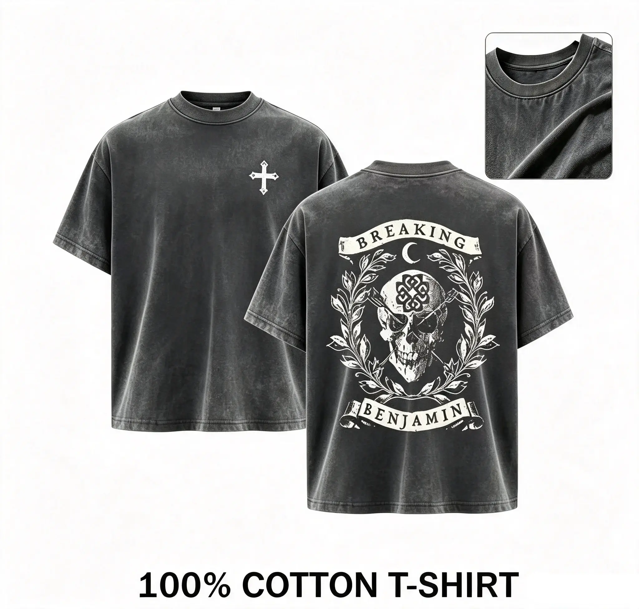 Wash Printed T-Shirt Breaking Benjamin Skull Wreath Band Graphic Tee, Vintage Washed 100% Cotton Oversized Crew Neck T Shirt, Front Cross Logo & Back Skull Laurel Banner Print Streetwear Top,everyday t shirt,design T-shirts