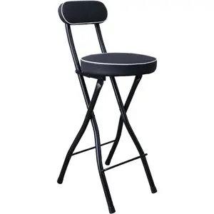 Folding Bar Stool with Backrest, High Folding Chair Leather Upholstered Portable Stool Counter Height Foldable Stool Chair, Adult Folding Stool Kitchen Island Guitar (Black)