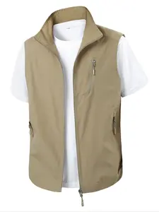 Men's Casual Zipper Vest Jacket Gilet, Spring & Fall Fashion, Pure Color Lapel Design, Side Pocket Detailing, Versatile Outerwear