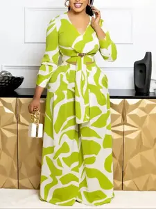 Sporty Activewear Two Piece Set, Print Two-Piece Set, V-Neck Long Sleeve Top Wide Leg Pants Fashion Ensemble, Stylish Chic Casual Everyday, Spring, Outfit, Womenswear, Basic, Comfort, Versatile, Wear, Style, Essential