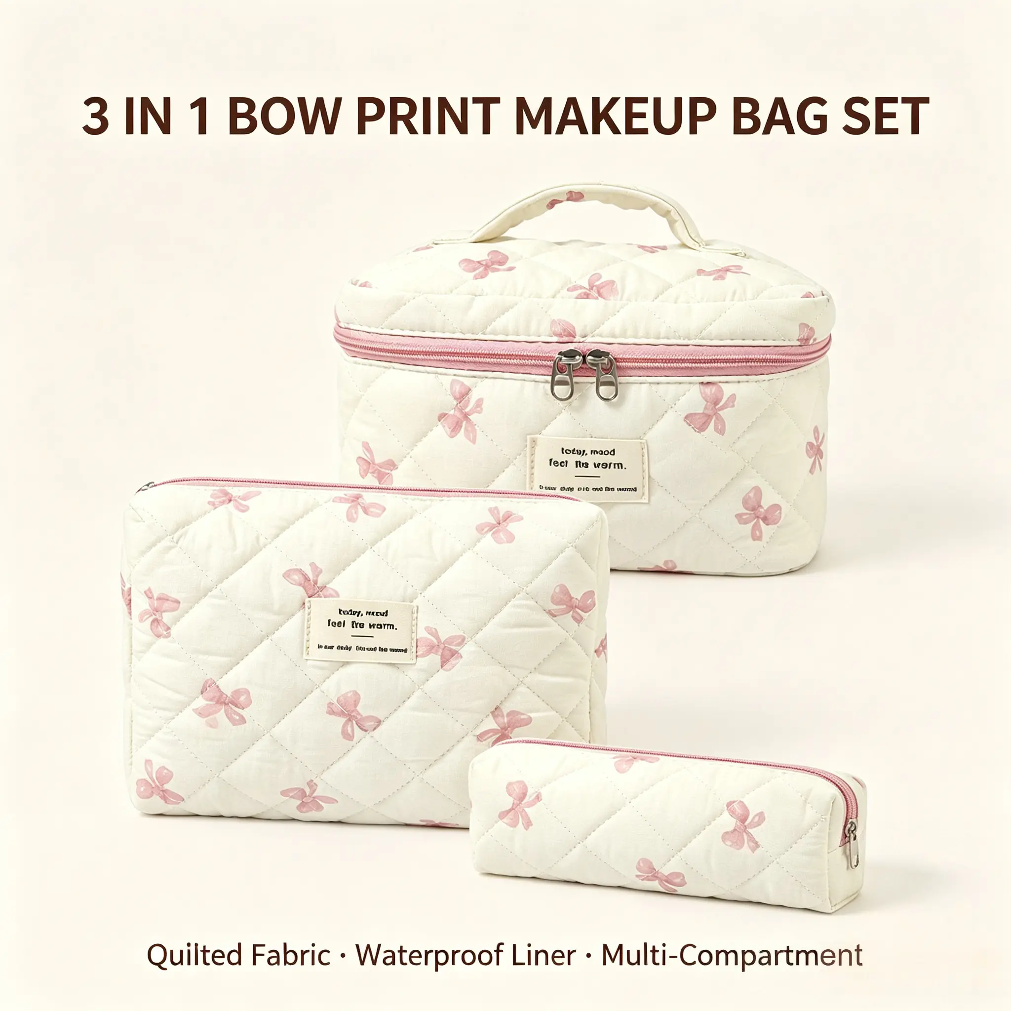 Cute Pink Bow Quilted Makeup Bag 3 Piece Set, Portable Cosmetic Organizer with Handle, Travel Toiletry Bag & Pencil Case, Coquette Make Up Pouch for Girls, Ideal for Vacation/Daily